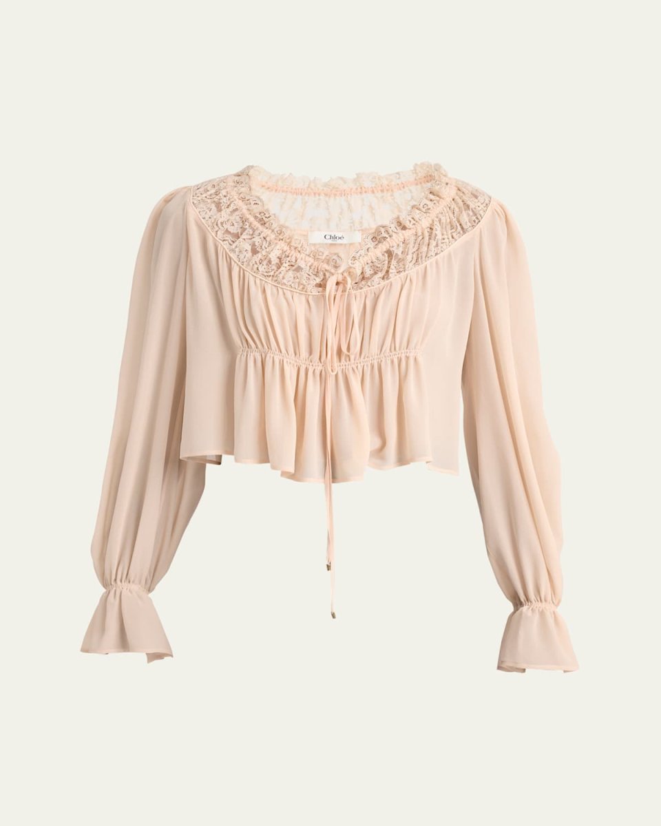 Ruched Lace Silk Peasant Blouse